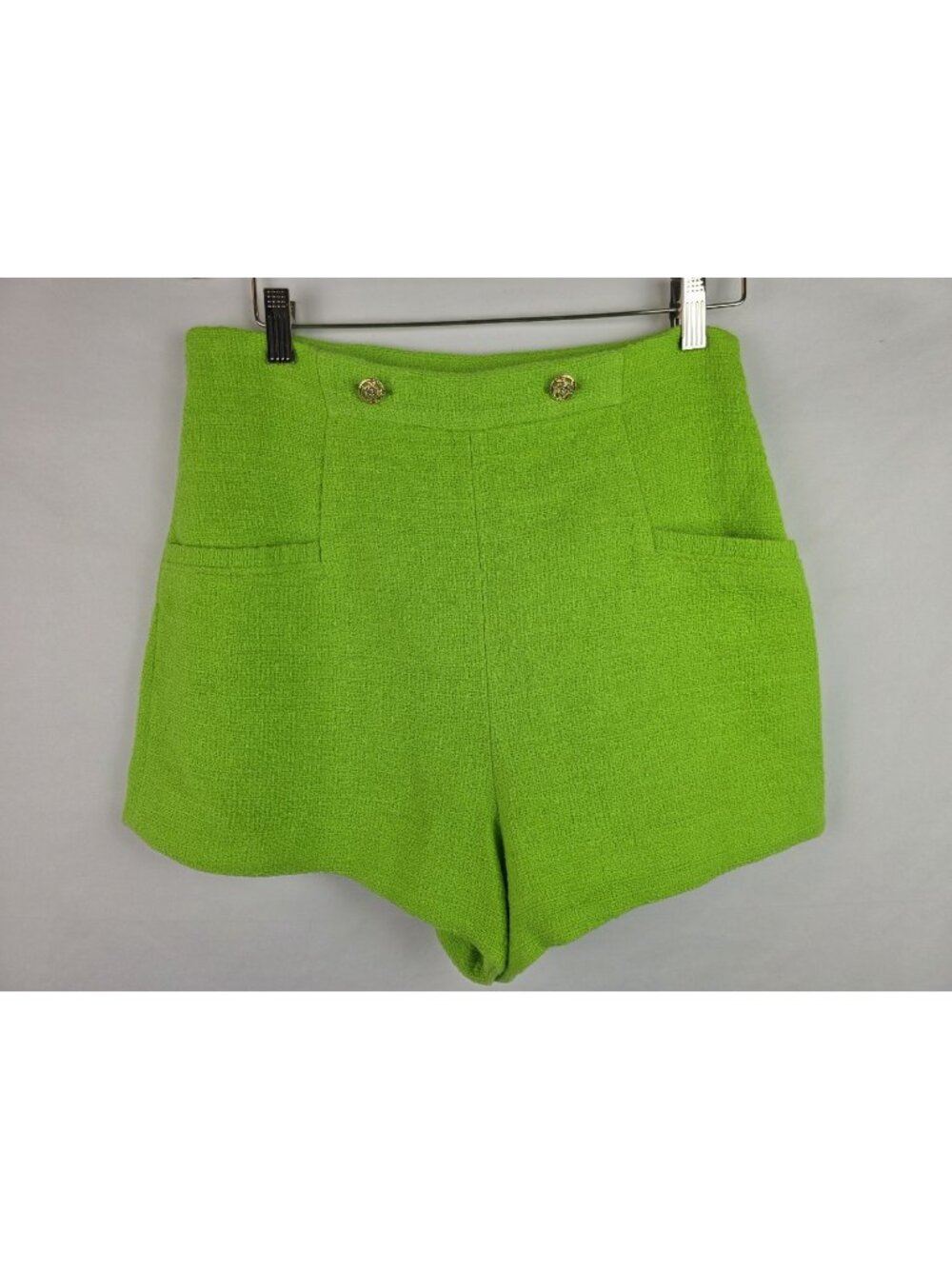Zara Women's Shorts Size Large Neon Green Tweed High Waisted Gold Buttons